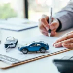 Man signing car insurance document or lease paper. Writing signature on contract or agreement. Buying or selling new or used vehicle. Car keys on table. Warranty or guarantee. Customer or salesman.