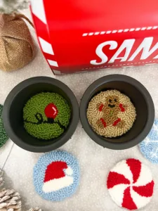 Hand made holiday coasters with gingerbread and lights